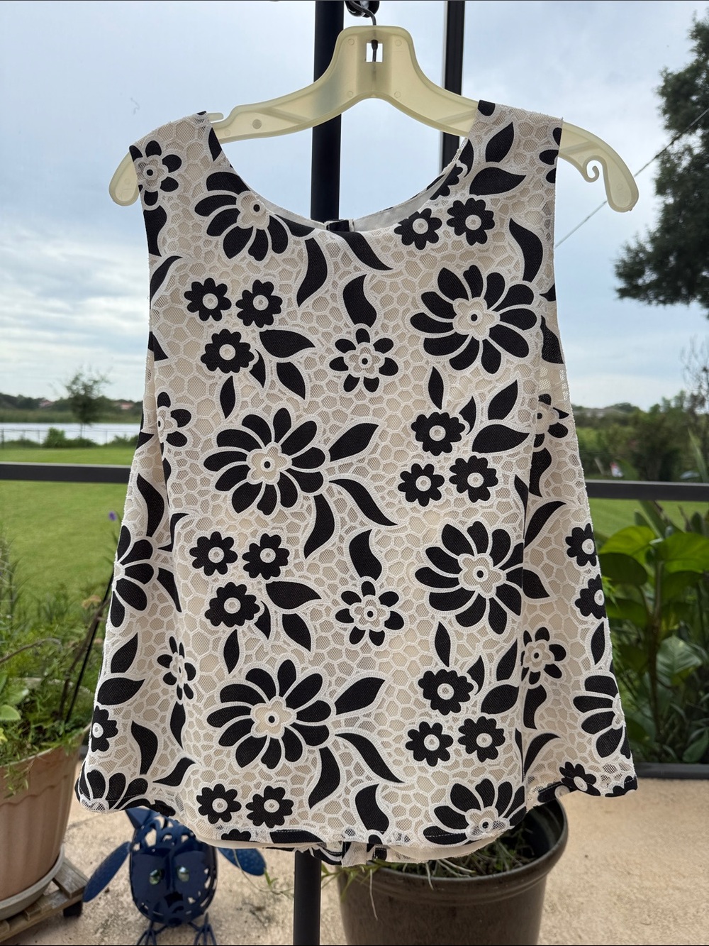 MM Couture Black and Cream Floral Lace Print Tank
